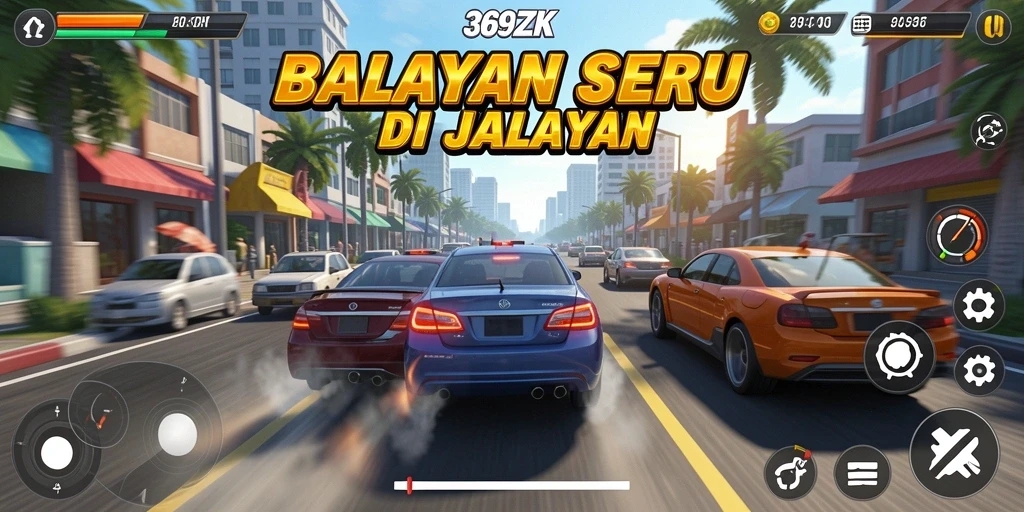 Screenshot gameplay 369ZK menunjukkan aksi balapan yang intens dan seru.