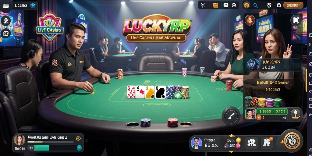 Screenshot gameplay <strong>LUCKYRP</strong> menunjukkan dealer langsung dan suasana kasino yang otentik.
