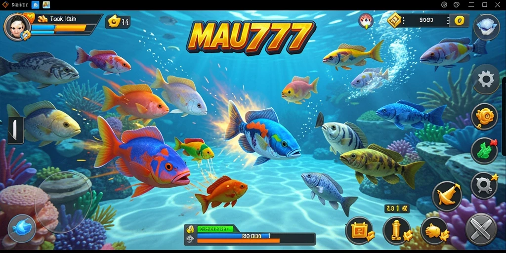Tampilan gameplay seru dalam MAU777 saat menembak ikan di lautan.