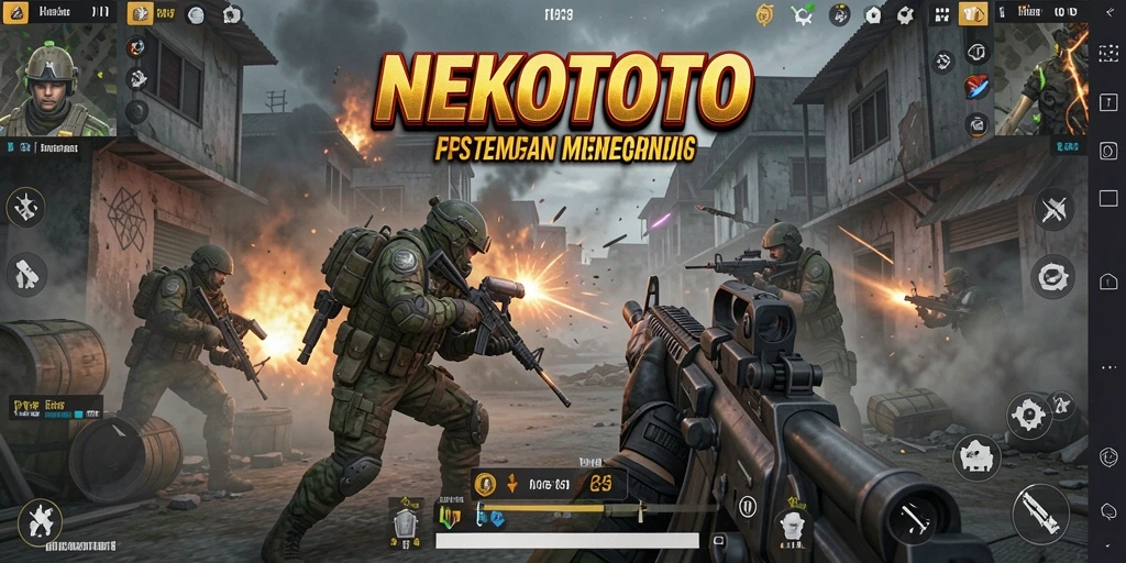 Tangkapan layar gameplay <strong>NEKOTOTO</strong> menampilkan aksi tembak-menembak yang mendebarkan.