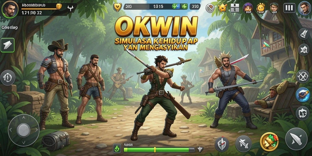 Tampilan utama <strong>OKWIN</strong> menampilkan karakter dalam dunia simulasi yang dinamis.