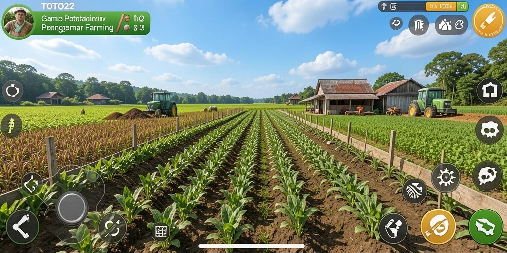 Tampilan gameplay TOTO22 yang menampilkan ladang subur dan hewan ternak.