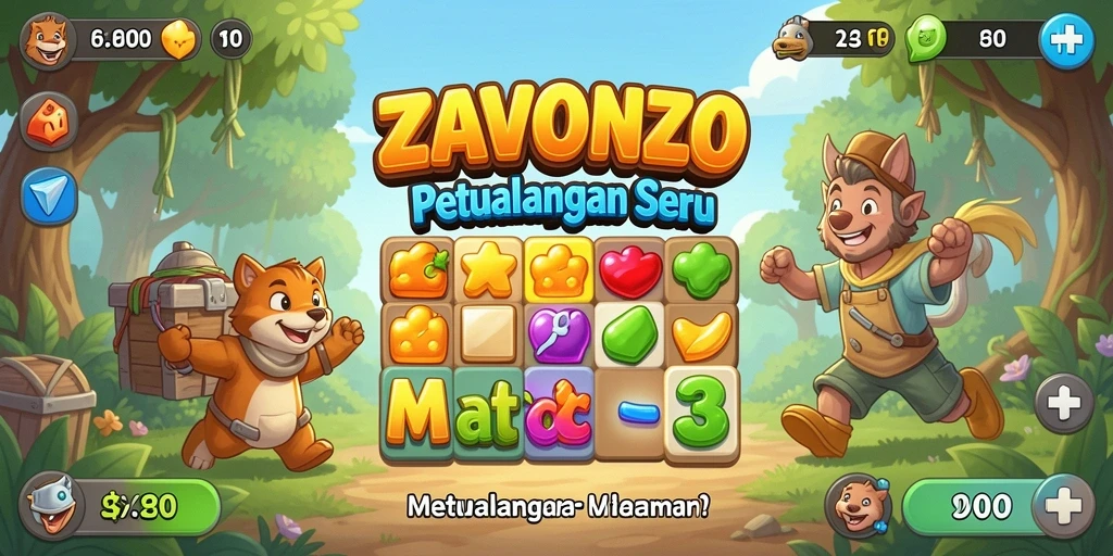 Screenshot gameplay ZAVONZO menunjukkan elemen-match dengan warna cerah.